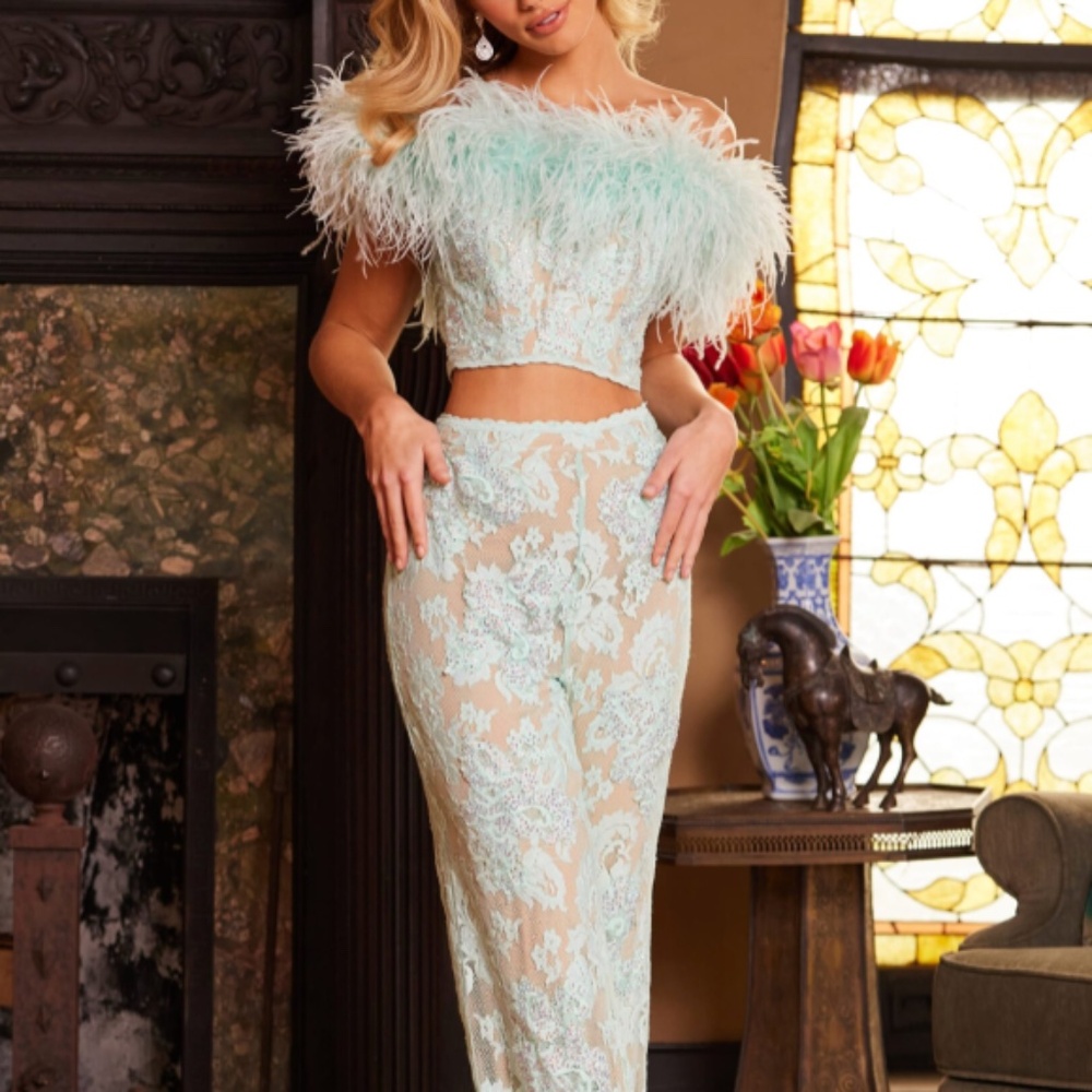 Jovani 22350 Aqua Lace Two Piece Evening Jumpsuit